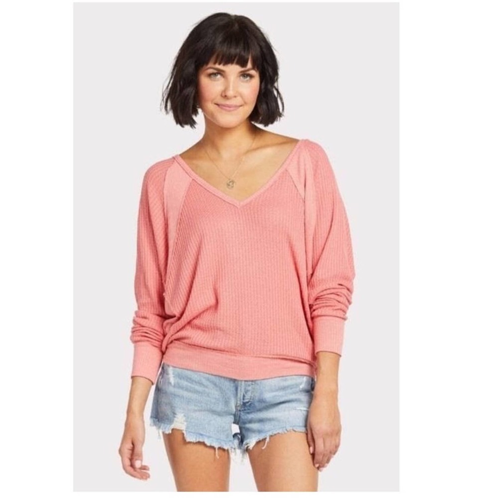 Free People Long Sleeve Waffle Boho V Neck Slouchy Top